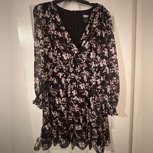DKNY Long Sleeve Black and Pink Floral Dress
